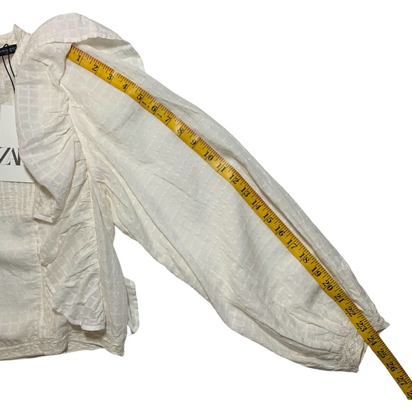 Zara | Women | Ivory Lace Insert Bishop Sleeve Ruffle Top | Size Extra Small - Picture 6 of 10